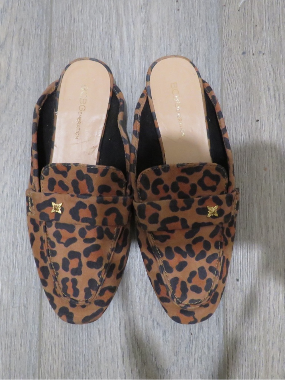 BCBGeneration Leopard Print Slip-On Mules with Gold Star Accent - Brown/Black